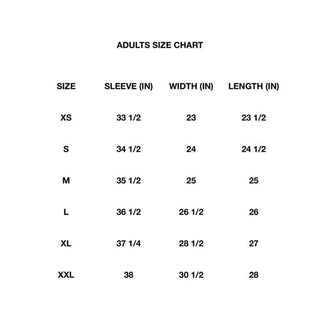 Adults size chart with measurements for XS to XXL including sleeve, width, and length in inches.