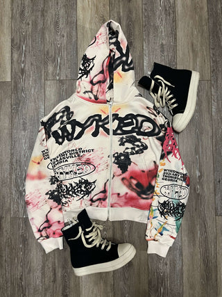 GRAFFITI SET cropped zip-up hoodie in all-over print design with black high-top sneakers, featuring 500 GSM fabric.