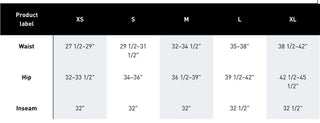 Size chart for Graffiti Sweats showing waist, hip, and inseam measurements for XS to XL.